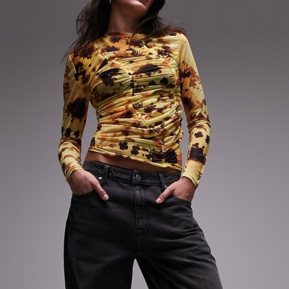 Topshop Long-sleeved Patterned Mesh Top In Yellow With Ruching Size 4-6
